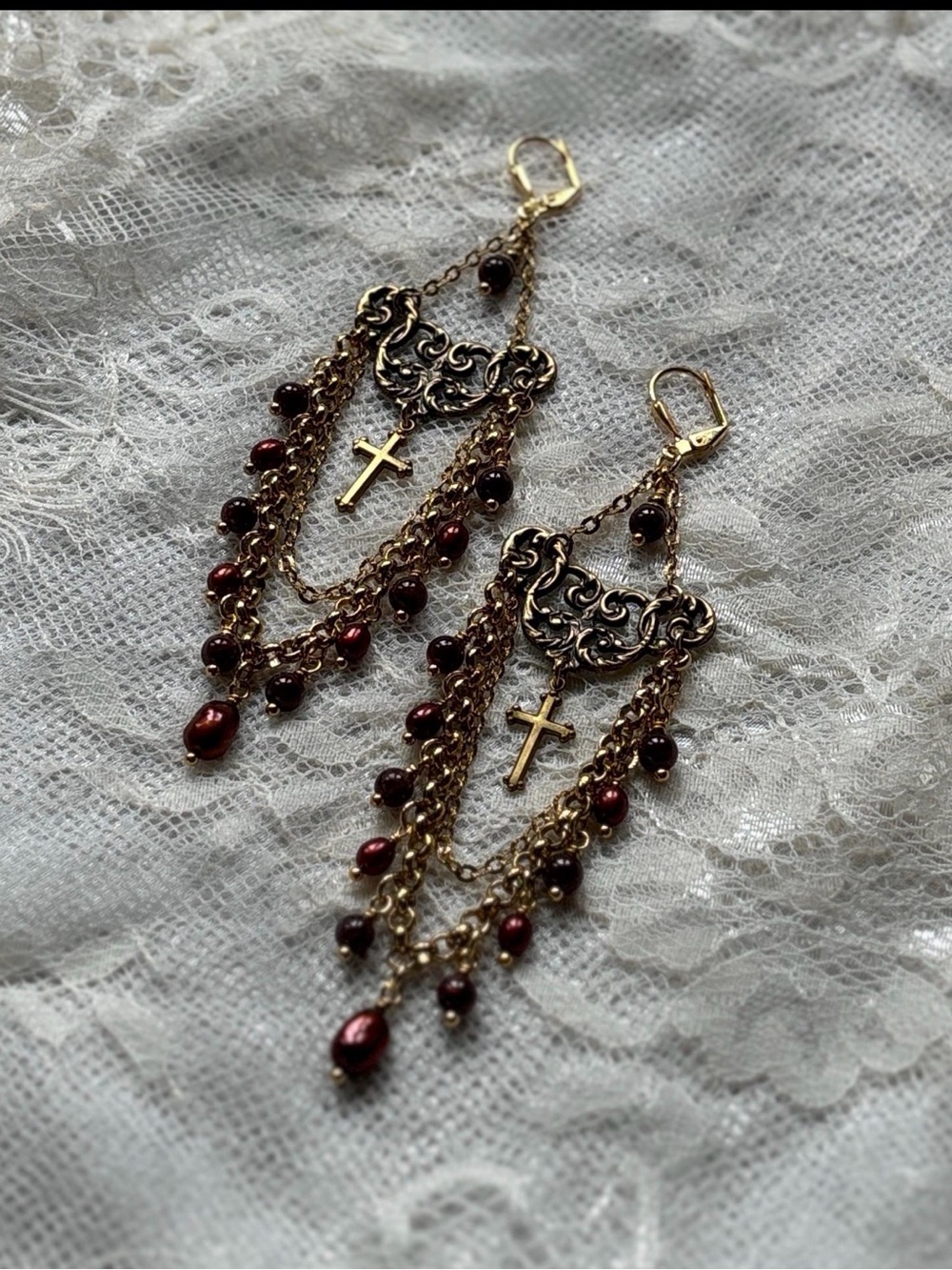 Gold Filigree Cross Drop Earrings with Burgundy Beads
